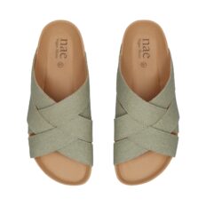 Sandale vegan Tanna verte — vue détaillée lanières et bout ouvert