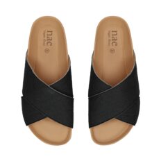 Sandales vegan Tupai noires unisexe — sangles croisées semelle matelassée