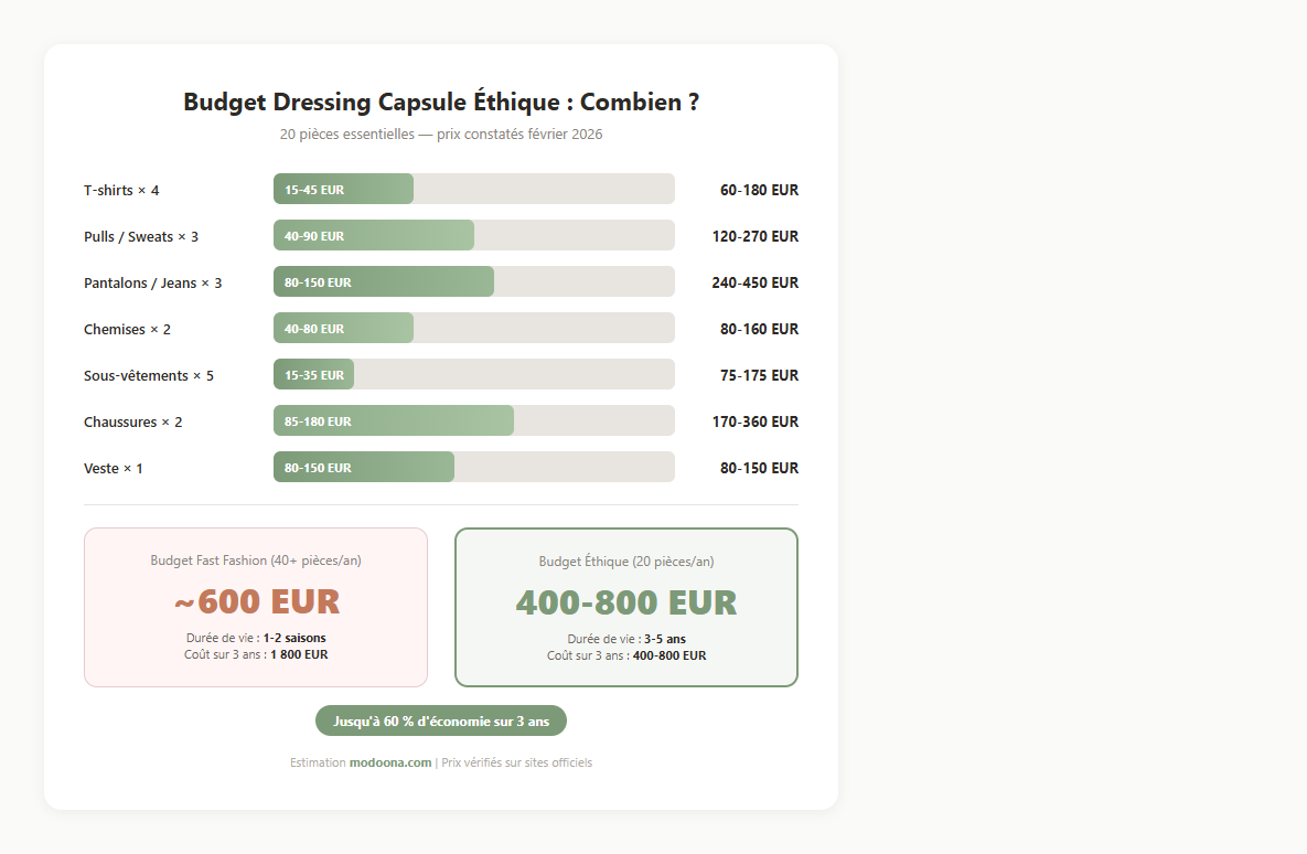 vêtement bio éthique budget dressing capsule : 400-800 EUR par an vs 600 EUR fast fashion, économie 60% sur 3 ans