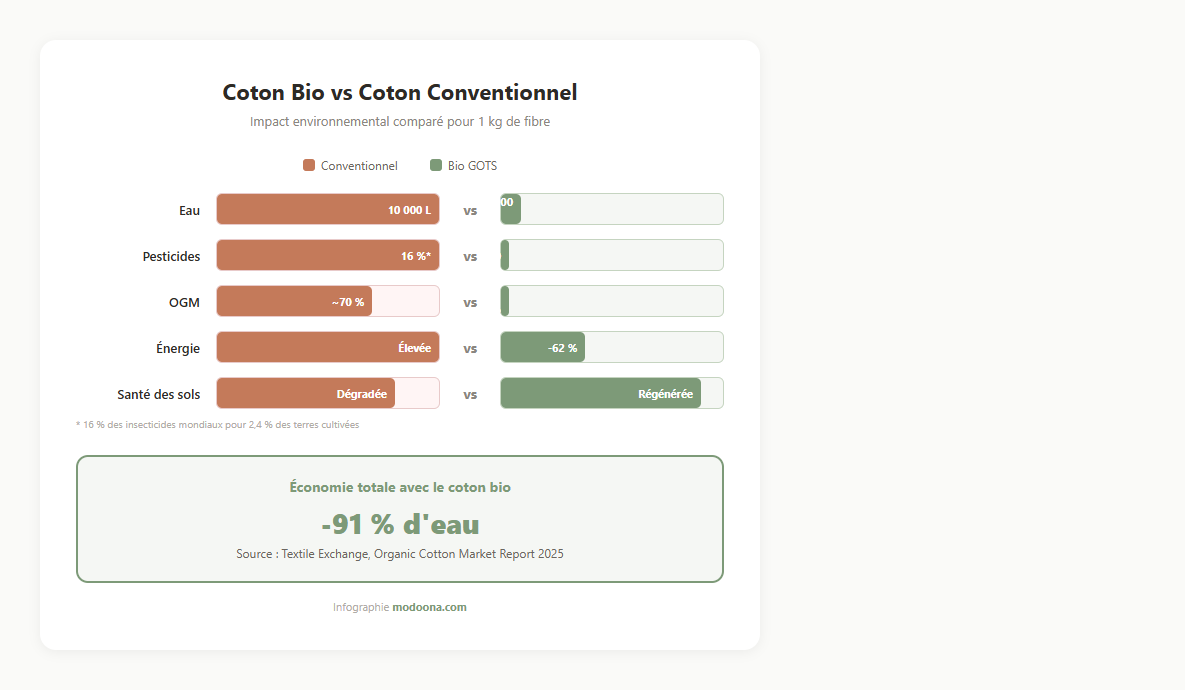 vêtement bio éthique coton bio vs coton conventionnel : -91% eau, zéro pesticide, zéro OGM