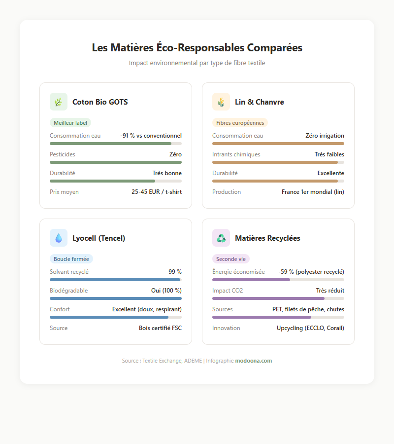 Infographie comparative des matières éco-responsables : coton bio GOTS, lin, chanvre, lyocell Tencel, matières recyclées