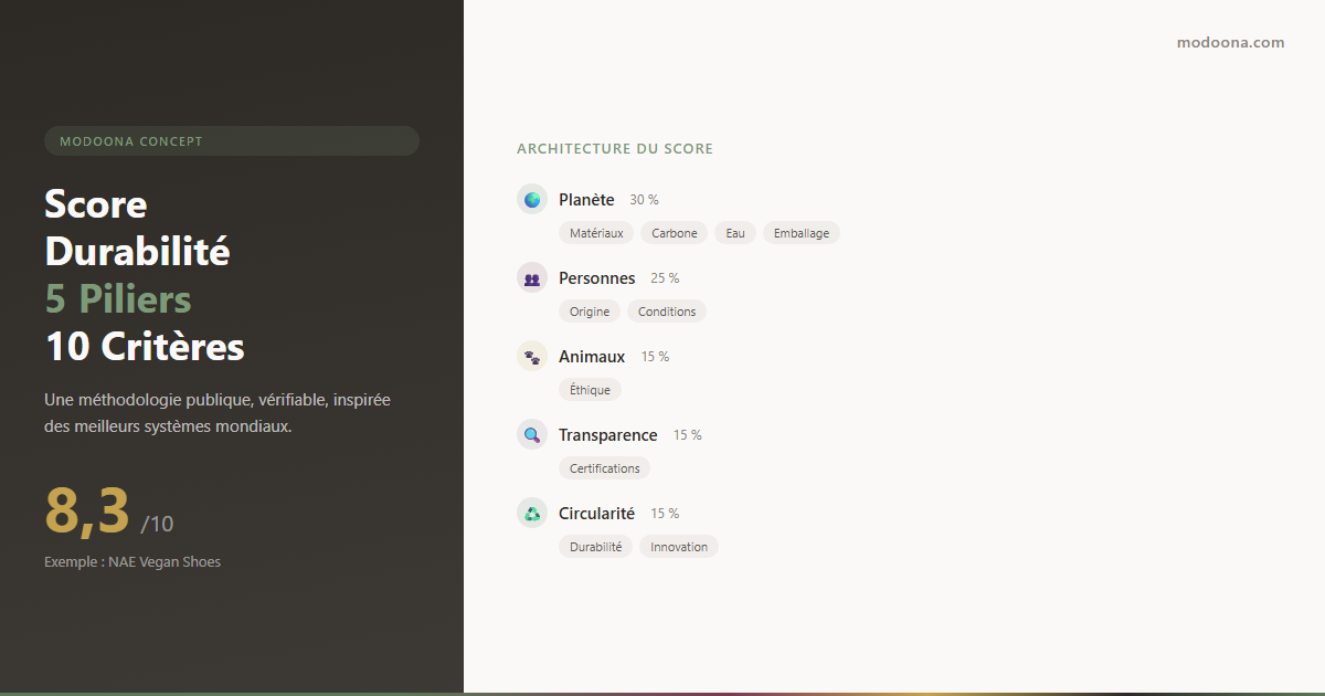 Score Durabilité Modoona — 5 piliers, 10 critères vérifiables pour évaluer les marques de mode éthique