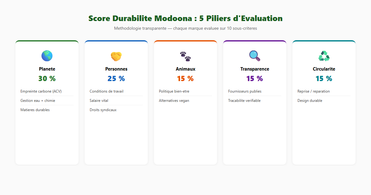 Score Durabilité Modoona — 5 piliers d'évaluation des marques éco-responsables