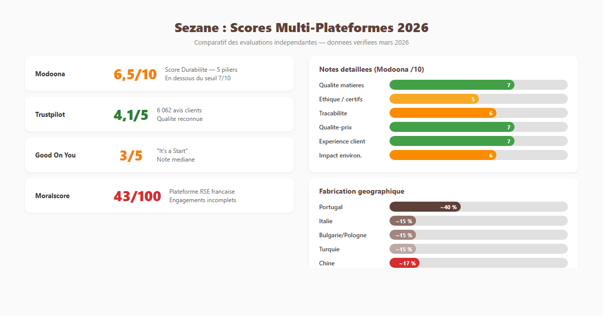 Sézane scores multi-plateformes — Trustpilot, Good On You, Moralscore